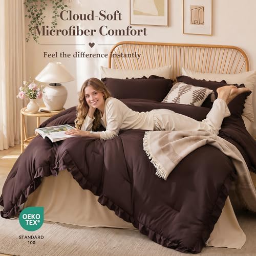 JANZAA Brown Comforter Set Twin, Ruffle Soft Bedding