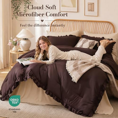 JANZAA Brown Comforter Set Full, Ruffle Soft Bedding