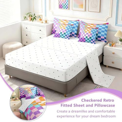Feelyou Multicolored Checkered Retro Bedding Sets Kids Boys Girls Geometric Vintage Comforter Bed in a Bag King Size Rainbow Colorful Bed Duvet Insert Modern Groovy Aesthetic Room Decor