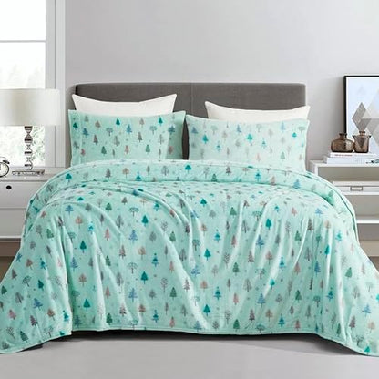 Elegant Comfort Luxuriously Soft 4-Piece Holiday Velvet Plush Flannel Sheet Set - Premium Quality - Cozy Warm, Christmas Fuzzy Velvet Flannel Fleece Deep Pocket Sheet Set - Full, Mint Pine Trees