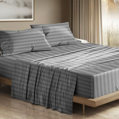 THREAD SPREAD 100% Egyptian Cotton Sheets Queen Size - 1200 Series Plush Collection Damask Sheet Set Egyptian Cotton (4 PC, Dark Grey Stripe), Sateen Luxury Sheet Queen Size, 17" Deep Pocket