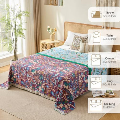 VANJOROY Boho Throw Blanket, 100% Organic Cotton Breathable Skin-Friendly Ultra Soft 80" x 90" Bed Quilt Blue Throw - Floral Rustic Luxury Reversible Blanket for Sofa Couch Chair and Gift,