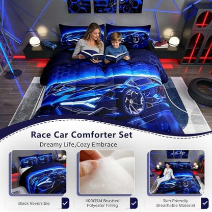 Feelyou Kids Boys Sports Comforter Set - Full Size Blue Race Car Comforter for Kids Teens Room Decor - Extreme Sports Theme Bedding Set - Cool Speed Luxury Car Decor Quilt Set - Soft for All Season