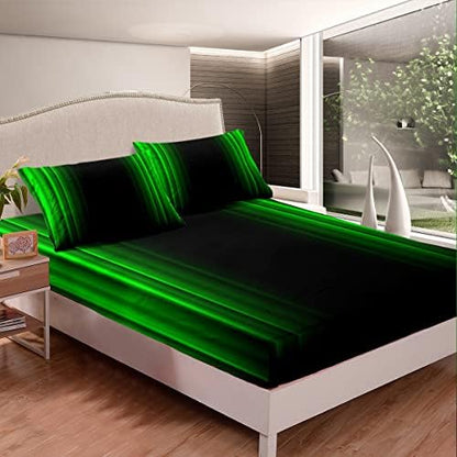 Feelyou Geometric Abstract Ombre Sheet Set Men Adults Teens Green and Black Striped Bed Sheets Kids Boys Girls Simple Modern Bed Set Bedroom Collection 4Pcs Queen Size