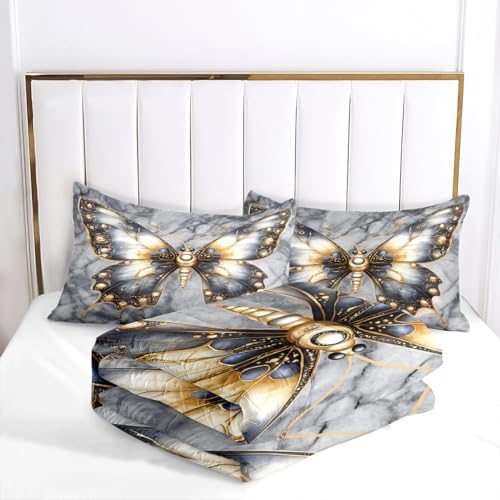 CCoutueChen Kids Butterfly Comforter Set Full Size, 3 Pcs Soft Grey Marble Bedding Set for Girls, Marble Texture Artistic Down Alternative Comforter with 2 Pillowcases, 79"x90"