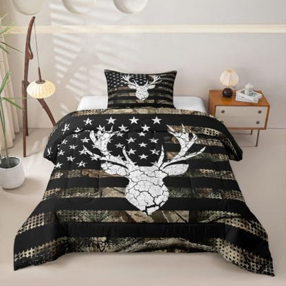 Feelyou Camo American Flag Deer Hunting Comforter Set Twin Size Bedding Set