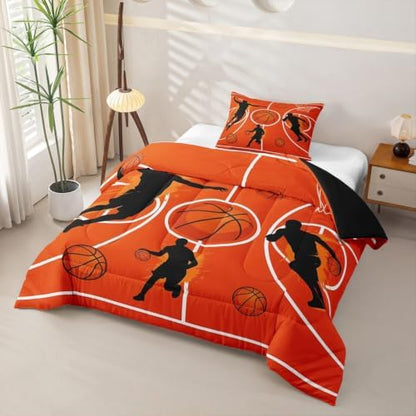Graffiti Basketball Comforter Set Twin Size,Orange Court Line Bed in a Bag 2Pcs for Kids Girls Boys Teens Room Decor,Ball Sports Gaming Quilted Duvet Modern Fashion Down Comforter,1 Pillowcase
