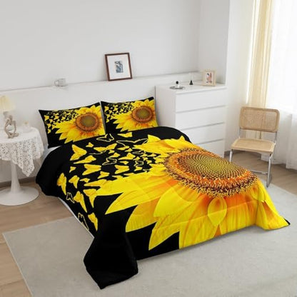 jejeloiu Sunflower Butterfly Comforter Set Twin Size Kids Floral Bedding Set for Boys Girls Teens Yellow Flowers Duvet Breathable Botanical Spring Quilt Bedroom Decor,1 Comforter with 1 Pillowcase