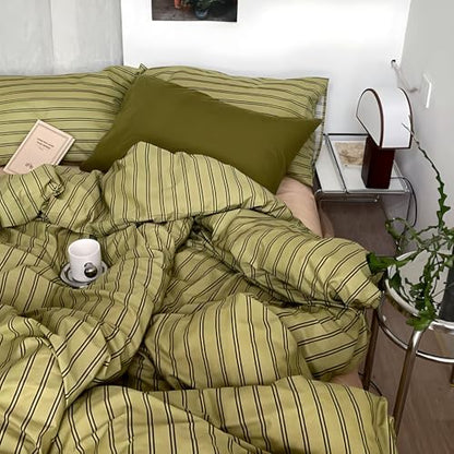 mixinni Vintage Mid-Century Striped Comforter Set Full - 3 Pieces 1 Fluffy Comforter&2 Pillowcases, Olive Green & Dark Brown Retro Striped Bed Set, All Season Lightweight & Breathable-Full Size