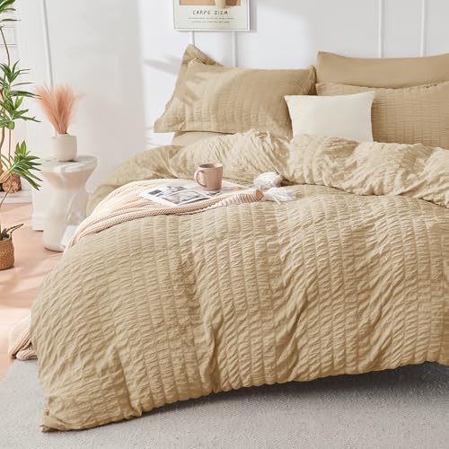 HYMOKEGE Khaki Oversized Queen Comforter Set Seersucker 7 Pieces, All Season Luxury Bed in a Bag for Bedroom, Bedding Set with Comforter, Sheets, Pillowcases & Shams