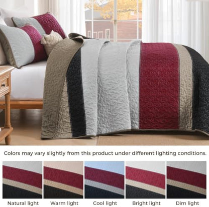 Cottolester King Quilt Bedding Set,Black Red Striped Bedsperad Coverlet Set