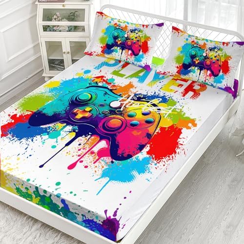 AILONEN Gamer Fitted Sheet Set Twin Size, Gaming Game Controller Gamer Bed Sheet Set,3 Pieces Cartoon Video Game Bedding Set Boys Teen Sheet Set,Gamepad Fitted Sheet and 2 Pillowcases