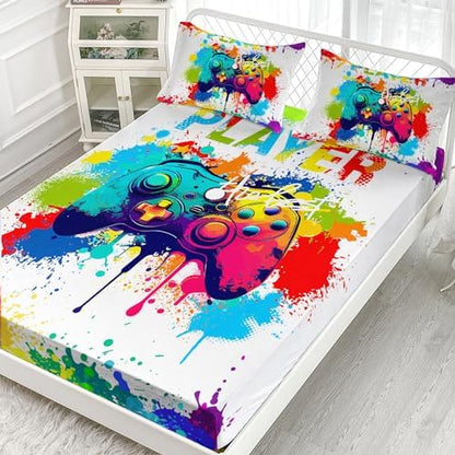 AILONEN Gamer Fitted Sheet Set Twin Size, Gaming Game Controller Gamer Bed Sheet Set,3 Pieces Cartoon Video Game Bedding Set Boys Teen Sheet Set,Gamepad Fitted Sheet and 2 Pillowcases