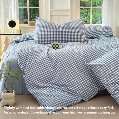 LifeTB Blue Gingham Comforter Set Full Size Modern Checkered Plaid Comforter Set 3 Pieces Blue Grid Bed Comforter with 2 Pillowcases Soft Fluffy Farmhouse Grid Plaid Bedding Set for All Seasons