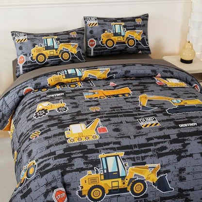 RYNGHIPY Construction Truck Bedding Set Excavator Tractor Bed Set for Boys Bedroom Kids Comforter Sets with 1 Comforter 2 Pillowcases (Black-Grey,Twin)