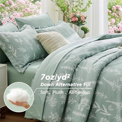 MUXHOMO Oversized Queen Comforter Set, Sage Green Elegant Floral Print Bed in a Bag 7 Pieces, Soft & Breathable Reversible Botanical Pattern Bedding Set with Comforter, Sheets, Pillowcases, and Shams
