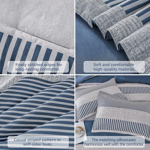 Cottolester Queen Comforter Set,Mineral Blue Striped Design Comforter Set