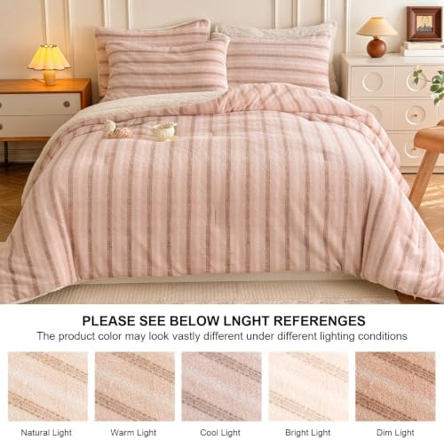 Cyusri Striped Sherpa Comforter Set 3Pcs Fluffy Warm Fleece Down Alternative, Pink Stripe Bedding Set with 2 Pillowcases, Queen Size 90"x90"