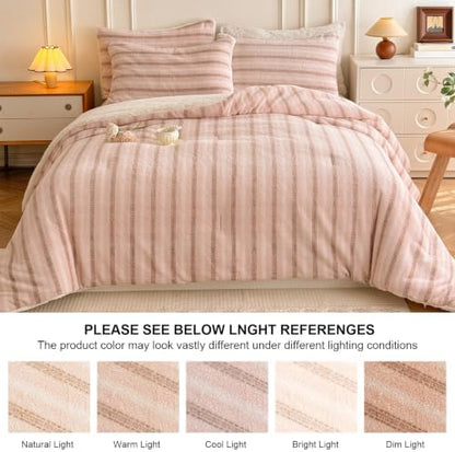 Cyusri Striped Sherpa Comforter Set 3Pcs Fluffy Warm Fleece Down Alternative, Pink Stripe Bedding Set with 2 Pillowcases, Queen Size 90"x90"