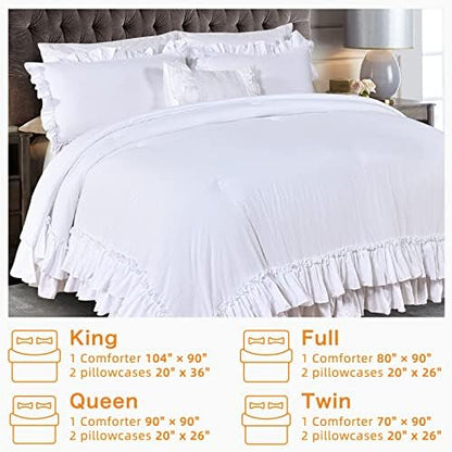 Masaca White Twin Comforter with Ruffles,Shabby Boho Chic Ruffle Comforter Set Farmhouse Twin Bedding Sets,3pcs Vintage Aesthetic Kids Bedding Sets for Girls