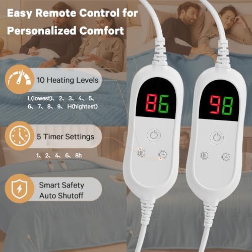 Heated Electric Blanket Queen Size, Dual Control, 84" x 90", Azure