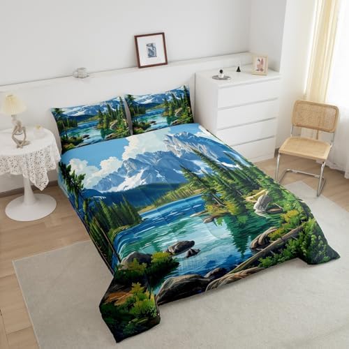 Woodland Bedding Set Twin Size,Lake House Rustic Style Comforter Set for Kids Teens Adults Room Decor,Camping Adventure Retro Duvet Insert 2Pcs,Woodland Mountain River Scenery Quilt Set,1 Pillowcase