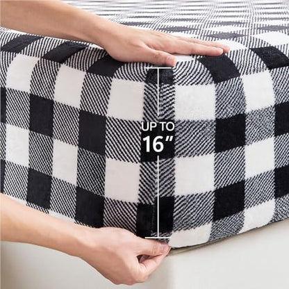 BEDELITE Plaid Flannel Sheet Set, Twin Size, Black and White, 3 Pieces