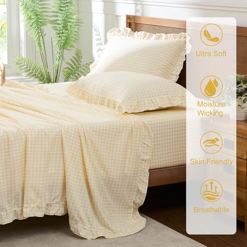 Gingham Queen Sheet Set, Lightweight Super Soft Brushed Microfiber Plaid Bed Sheets with 16" Deep Pocket, 4 Piece Ruffle Farmhouse Bedroom Decor, Yellow