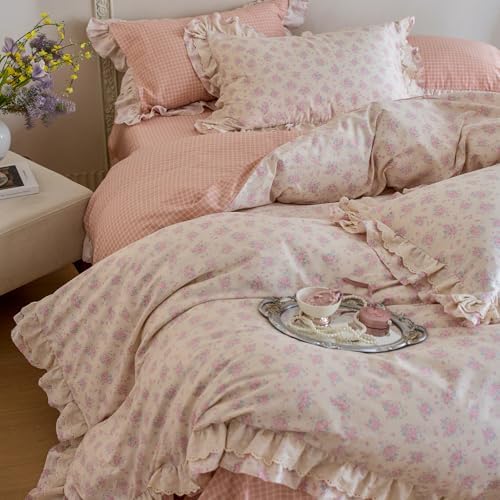 Pink Floral Duvet Cover Set Twin XL, Romantic Ruffle Lace Botanical Floral Bedding Set, 100% Cotton Girls Flower Cottagecore Duvet Cover, Reversible Grid Botanical Comforter Cover with 2 Pillowcases