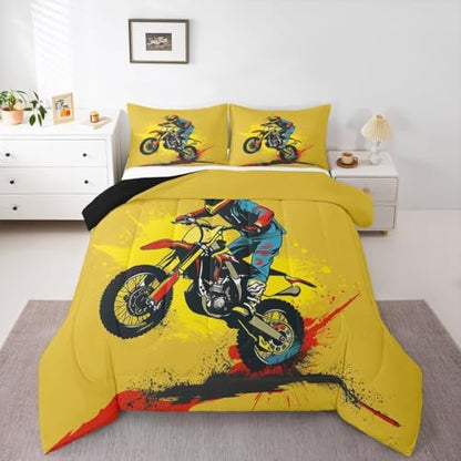 Feelyou Bright Yellow Motocross Kids Comforter Set King Colorful Rider Bedding Set Splatter Print Duvet Quilt for Kids Boys Girls Bedroom Off-Road Racing Decor Dirt Bike Ultra Soft Breathable