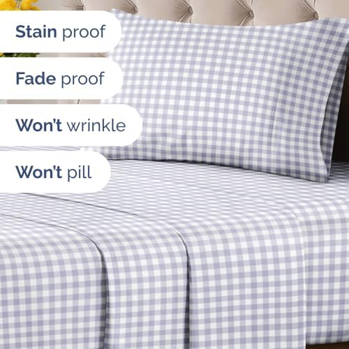 Twin XL 3 Piece Striped Sheet Set - Breathable & Cooling - Grey Gingham