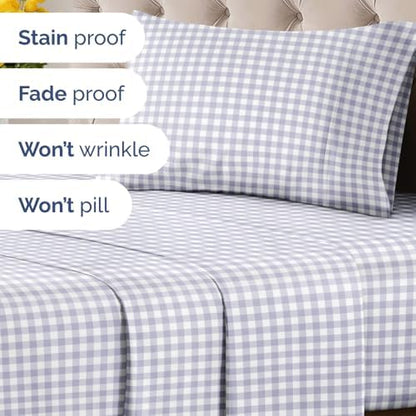 Twin XL 3 Piece Striped Sheet Set - Breathable & Cooling - Grey Gingham