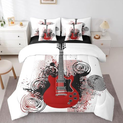 Erosebridal Guitar 7 Piece Bedding Set Queen Rock Music Comforter Set with Sheets Electric Guitar Bed in A Bag Black Spiral Grunge Style Bed Sets with 2 Pillowcases, 2 Throw Pillow Covers