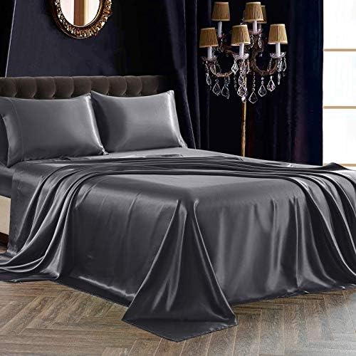SiinvdaBZX 4Pcs Satin Sheet Set King Size 15-Inch Deep Pocket, Grey