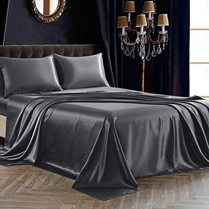 SiinvdaBZX 4Pcs Satin Sheet Set Queen Size 15-Inch Deep Pocket, Grey
