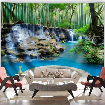 FENDROM Forest Waterfall Tapestry Nature Jungle Stream Green Garden View Wall Hanging Tablecloth Bedspread Picnic Blanket Multifunctional for Bedroom Living Room