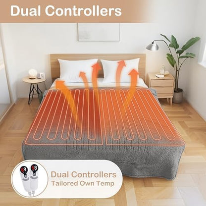 Electric Heated Blanket Queen Size 84"×90" Dual Control, 9 Heating Settings & 1-10Hs Auto Off, Overheat Protect, Double-Sided Plush Sherpa, Couch & Bed, Machine Washable Gifts for Family- Light Gray
