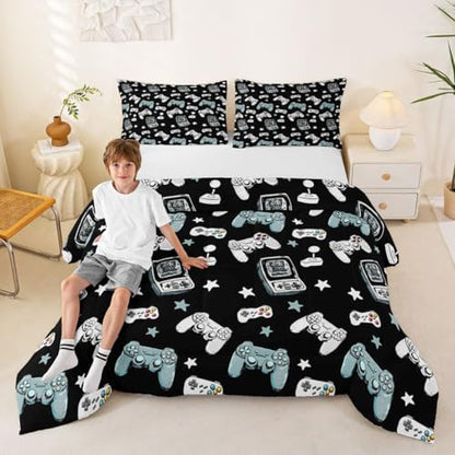 Castle Fairy Gamepad Comforter Set Queen Size,Video Gaming Black Down Alternative Adults Room Decor,Kids Games Consoles Ultra Soft Microfiber Inner Fill 3Pcs Bedding