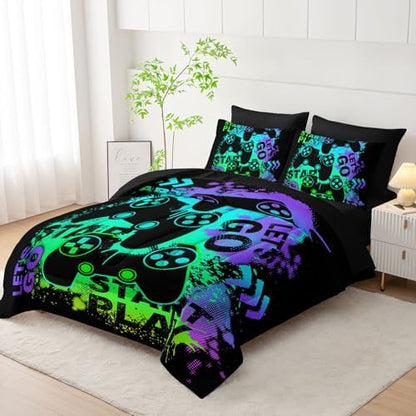 7pcs Gamer Comforter Set Green Gamepad Printed Bedding Set with 1 Comforter, 1 Flat Sheet, 1 Fitted Sheet and 4 Pillowcases for Boys and Girls Bedroom (Gamepad-2 King