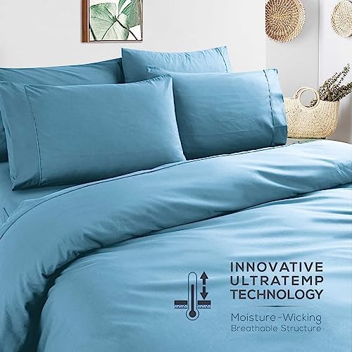 Mueller Ultratemp Bed Sheets Set, Super Soft, 6 Piece California King Sheet Sets, Deep Pocket up to 16", Transfers Heat, Breathes Better, Hypoallergenic, Wrinkle-Resistant, Oeko-TEX, Denim
