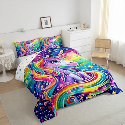 Rainbow Unicorn Comforter Sets Queen Size Cartoon Watercolor Unicorn Star Bedding Set for Kids Girls Boys Teens Bedroom Decor,Cute Animal Theme Duvet Quilt Soft Reversible Comforter 3 Pcs