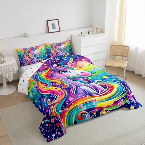 Castle Fairy Rainbow Unicorn Comforter Sets Twin Size Cartoon Watercolor Unicorn Star Bedding Set for Kids Girls Boys Teens Bedroom Decor,Cute Animal Theme Duvet Quilt Soft Reversible Comforter 2 Pcs