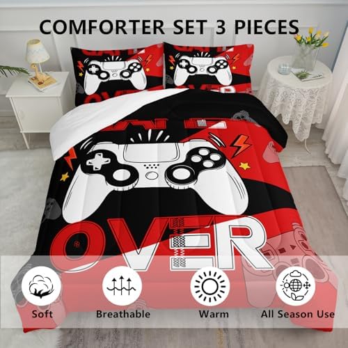 Axolotl Gamer Comforter Set King, 3Pcs Gaming Gamepad Bedding for Men, Games Console Bedding for Adults Room, Video Game Controller Room Decor Gaming Bed Set 1 Comforter with 2 Pillowcases, Black Red