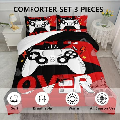 Axolotl Gamer Comforter Set King, 3Pcs Gaming Gamepad Bedding for Men, Games Console Bedding for Adults Room, Video Game Controller Room Decor Gaming Bed Set 1 Comforter with 2 Pillowcases, Black Red