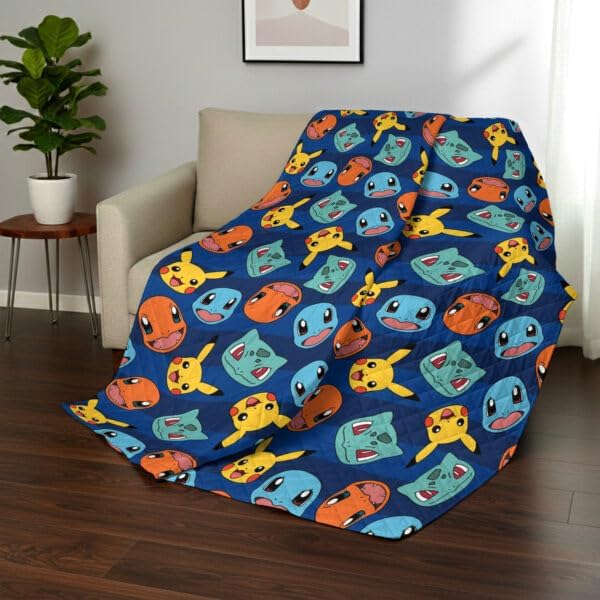 Northwest Pokémon Striped Favorites Quilted Throw Blanket – Oversized Blanket Featuring Pikachu, Charmander, Bulbasaur & Squirtle, Soft and Comfy for Bed, Couch, 60 x 80 Inches