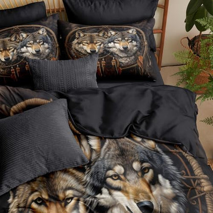 CCoutueChen Brown Wolf Bedding Set Full Size, Cabin Lodge Comforter Boho Dream Catcher Pattern- Lightweight All Season Comforter, 3 Pieces, 2 Pillowcases