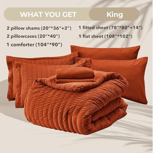 HYMOKEGE Burnt Orange King Size Comforter Set Seersucker 7 Pieces, All Season Luxury Bed in a Bag for Bedroom, Bedding Set with Comforters, Sheets, Pillowcases & Shams