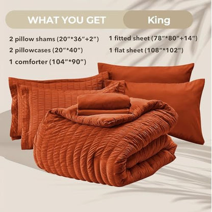 HYMOKEGE Burnt Orange King Size Comforter Set Seersucker 7 Pieces, All Season Luxury Bed in a Bag for Bedroom, Bedding Set with Comforters, Sheets, Pillowcases & Shams