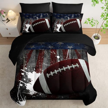 7Pcs Comforter Set American Football Printed Bedding Set with 1 Comforter, 1 Flat Sheet, 1 Fitted Sheet and 4 Pillowcases for Boys and Girls Bedroom All Season(Football King