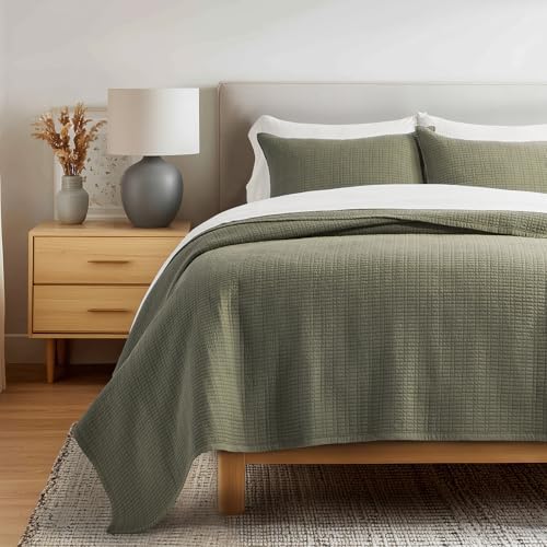 EverGrace 100% Cotton Modern Grid Stitch Quilt Set, King Size, Olive Green